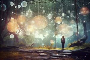 a person standing in the middle of a forest with bubbles floating in the air generative AI photo