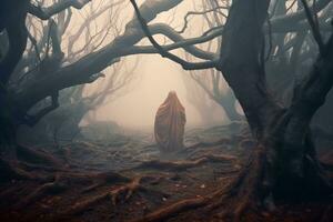 a person standing in the middle of a foggy forest generative AI photo