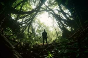 a person standing in the middle of a forest generative AI photo