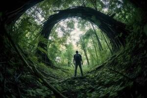 un persona en pie en el medio de un túnel en el bosque generativo ai foto