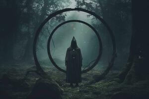 a person standing in the middle of a forest with a ring around them generative AI photo