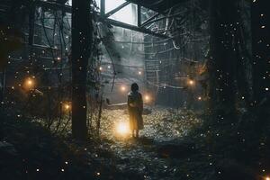 a person standing in the middle of a forest with fireflies generative AI photo