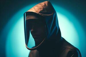 a person wearing a hooded jacket in front of a blue light generative AI photo