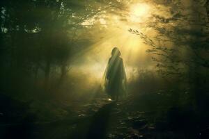 un persona caminando mediante un bosque a noche con el Dom brillante mediante el arboles generativo ai foto