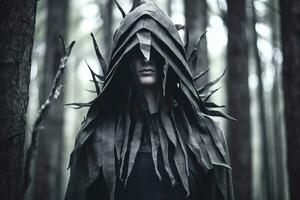 a person wearing a hooded cloak in the woods generative AI photo