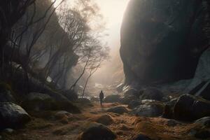 a person walking through a canyon with rocks and trees generative AI photo