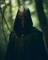 a person wearing a hooded cloak in the woods generative AI photo