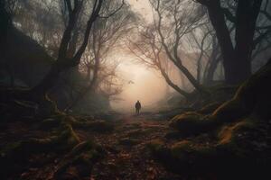 a person walking through the woods at dusk generative AI photo