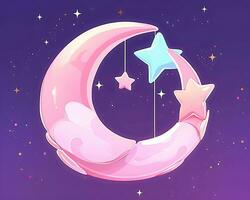 a pink crescent moon with stars hanging from it generative AI photo