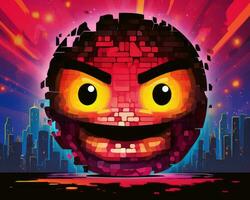 a pixel ball with an angry face in front of a city generative AI photo