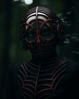 a person wearing a spider mask in the woods generative AI photo