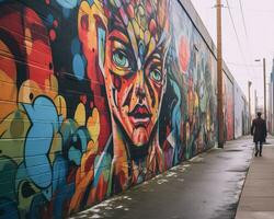 a person walking down a sidewalk next to a wall covered in colorful graffiti generative AI photo