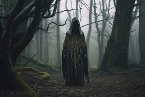 a person with long hair standing in the middle of a forest generative AI photo