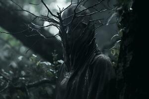 un persona con un árbol cabeza en el bosque generativo ai foto