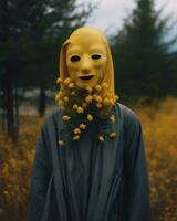un persona vistiendo un amarillo máscara en el medio de un campo generativo ai foto