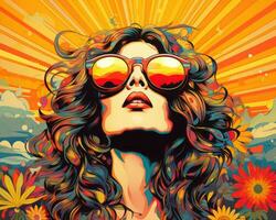 un popular Arte estilo ilustración de un mujer con Gafas de sol generativo ai foto