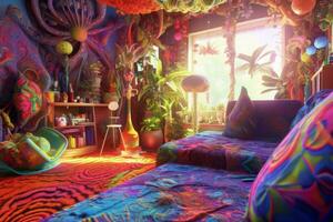 a psychedelic living room with lots of colorful furniture generative AI photo