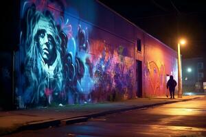 un persona caminando abajo el calle a noche en frente de un pintada pared generativo ai foto