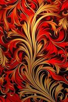 a red and gold floral pattern on a black background generative AI photo
