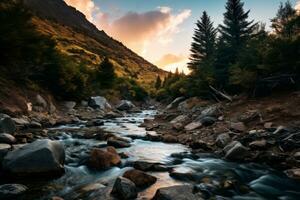 un río corriendo mediante el montañas a puesta de sol generativo ai foto
