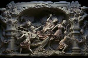 a sculpture depicting a group of people in the middle of a room generative AI photo