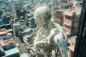 a robot standing in front of a city with skyscrapers in the background generative AI photo