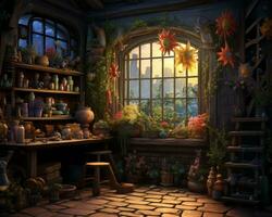 a room with lots of plants and flowers on the windowsill generative AI photo