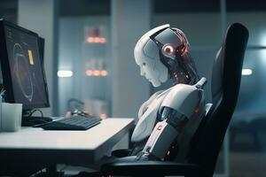 a robot sitting at a desk in front of a computer generative AI photo