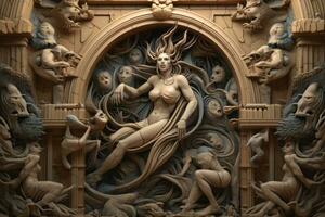 a sculpture of a woman surrounded by a group of people generative AI photo