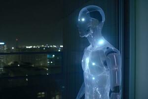 a robot standing in front of a window at night generative AI photo
