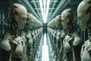 a row of humanoid robots in a hallway generative AI photo