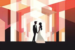 un silueta de un novia y novio en pie en frente de un geométrico modelo generativo ai foto