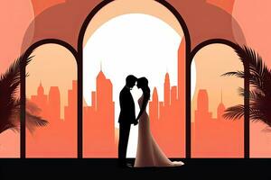 a silhouette of a bride and groom kissing in front of a cityscape generative AI photo