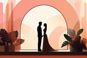 a silhouette of a bride and groom standing in front of an arch generative AI photo