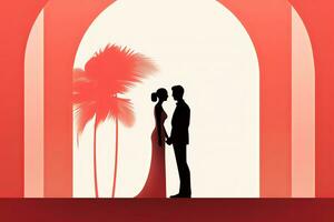 a silhouette of a man and woman standing in front of a palm tree generative AI photo