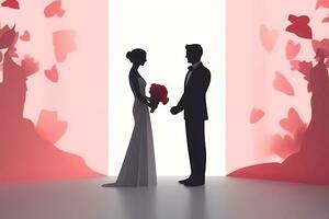un silueta de un novia y novio en pie en frente de un abierto puerta generativo ai foto