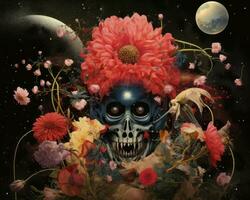 a skull with flowers in its hair and a full moon in the background generative AI photo