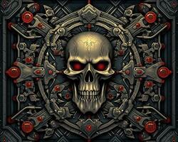 a skull with red eyes and red eyes in the center of an ornate frame generative AI photo