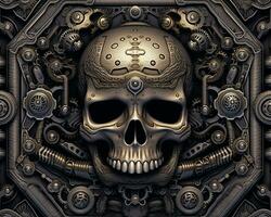 a skull surrounded by gears on a black background generative AI photo