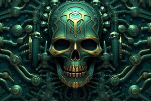 a skull with gears on it in the middle of a green and gold background generative AI photo