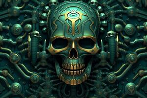 a skull with gears on it in the middle of a green and gold background generative AI photo