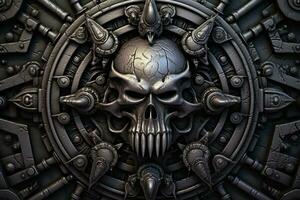 a skull with spikes on it in the middle of a black background generative AI photo