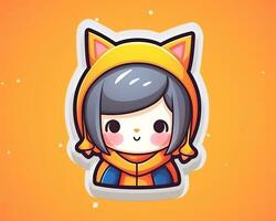 a sticker of a girl wearing a cat hat on an orange background generative AI photo