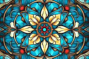 a stained glass design with blue and red flowers generative AI photo