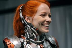 un sonriente mujer con rojo pelo vistiendo un robot traje generativo ai foto