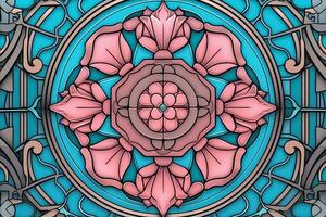 a stained glass design with pink and blue flowers on a blue background generative AI photo