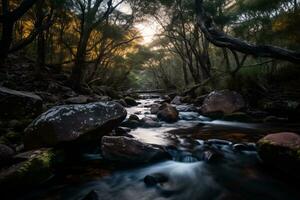 un corriente corriendo mediante un bosque con rocas y arboles generativo ai foto