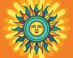 a sun with a face and rays on an orange background generative AI photo