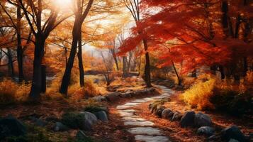 a stone path through an autumn forest with trees and rocks generative AI photo