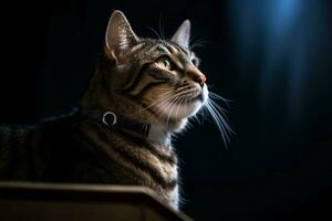 a tabby cat looking up at the sky in a dark room generative AI photo